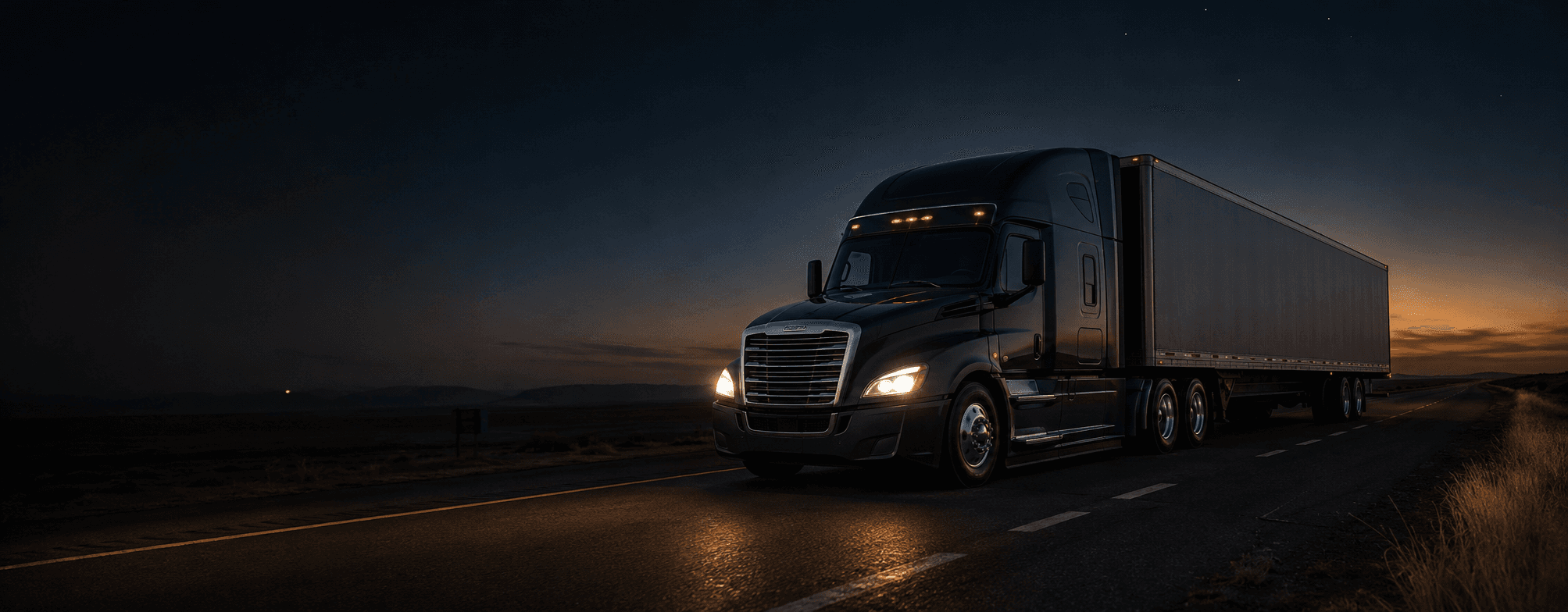 Ironhaul freight truck traveling on a highway at night.